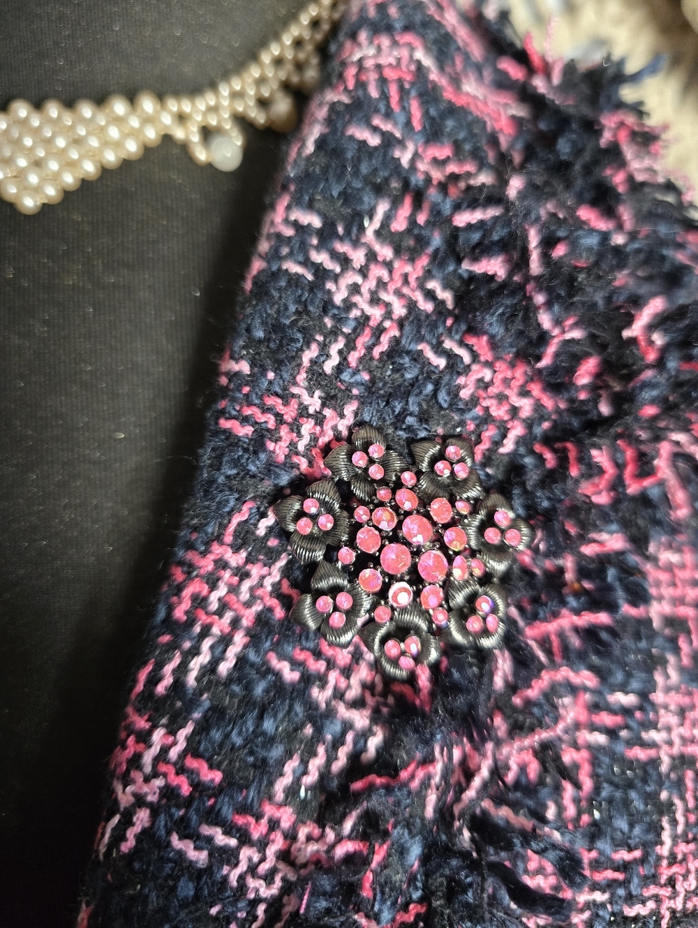 Pink and Black Whimisgoth Artsy Eclectic Tweed Silk Acrylic Jacket Cat Applique - Picture 5 of 9